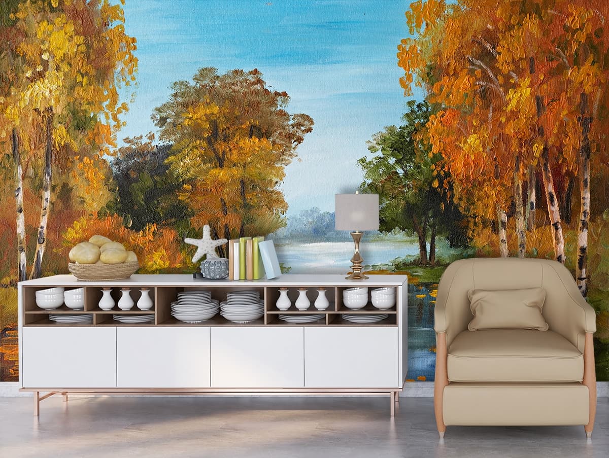 River Painting with Trees and Grass Wall Mural Wallpaper shown in a room