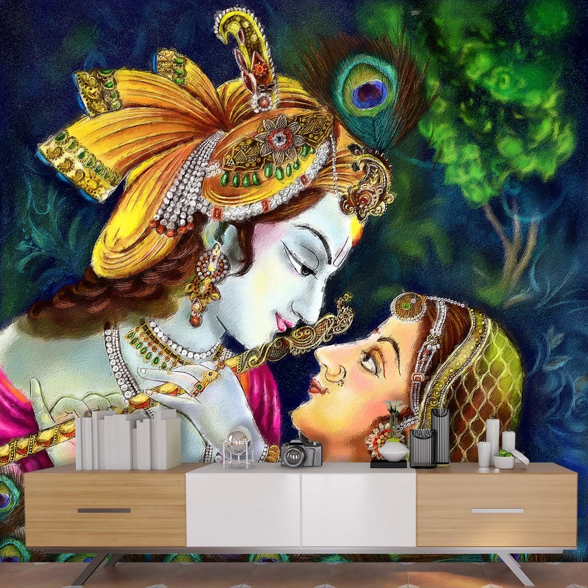 Radha Krishna Painting Mural Wallpaper shown in a room