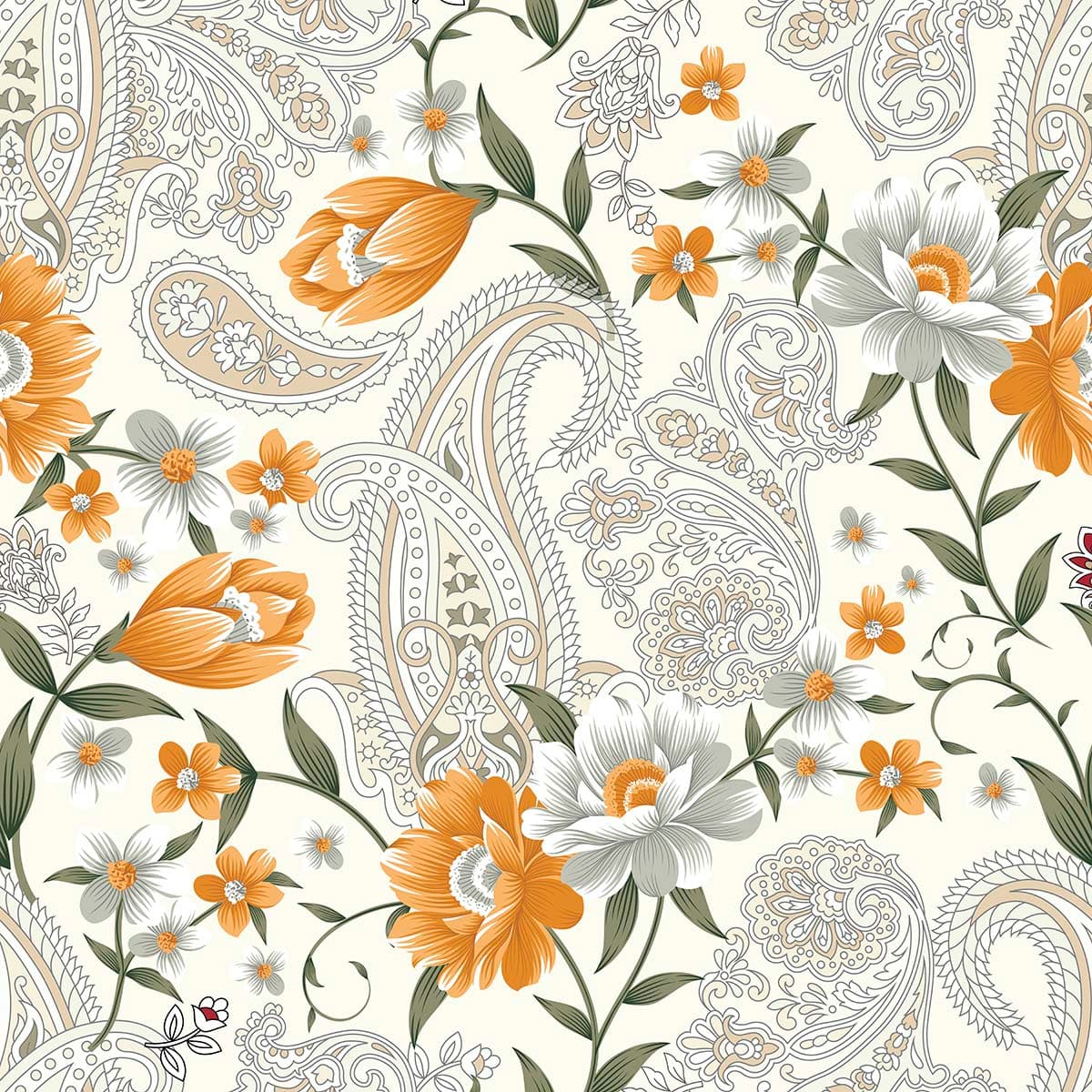 Elegant Flowers with Paisley Motif Wall Art wallpaper pattern detail