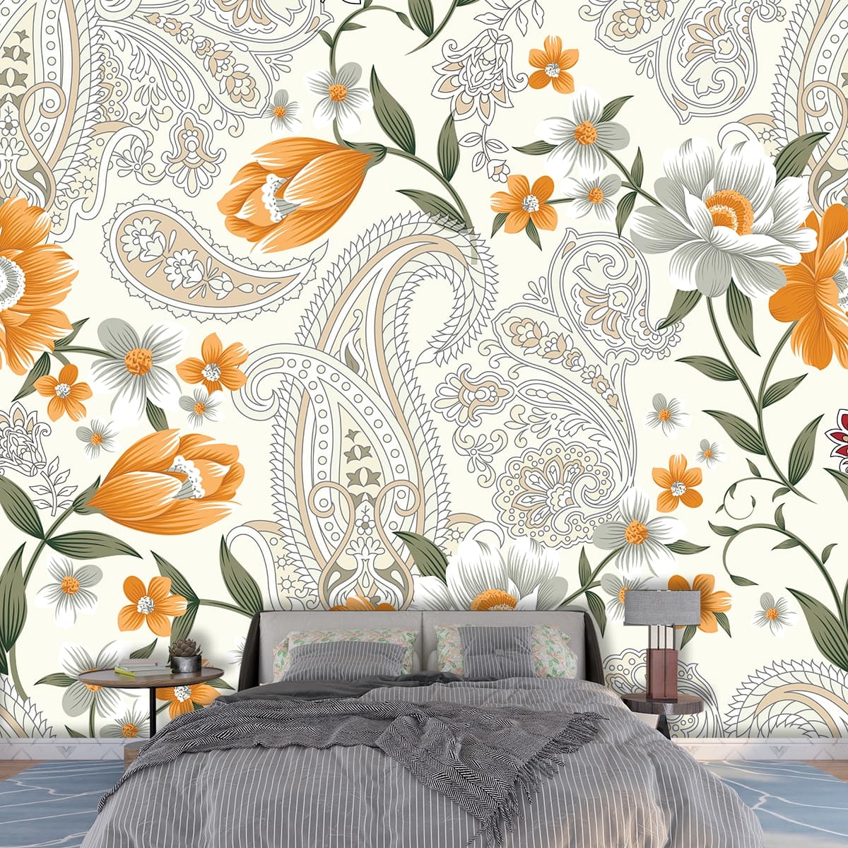 Elegant Flowers with Paisley Motif Wall Art wallpaper shown in a room