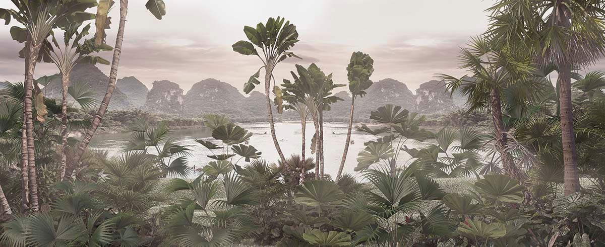 Serene Tropical Forest and River Wallpaper Mural pattern detail