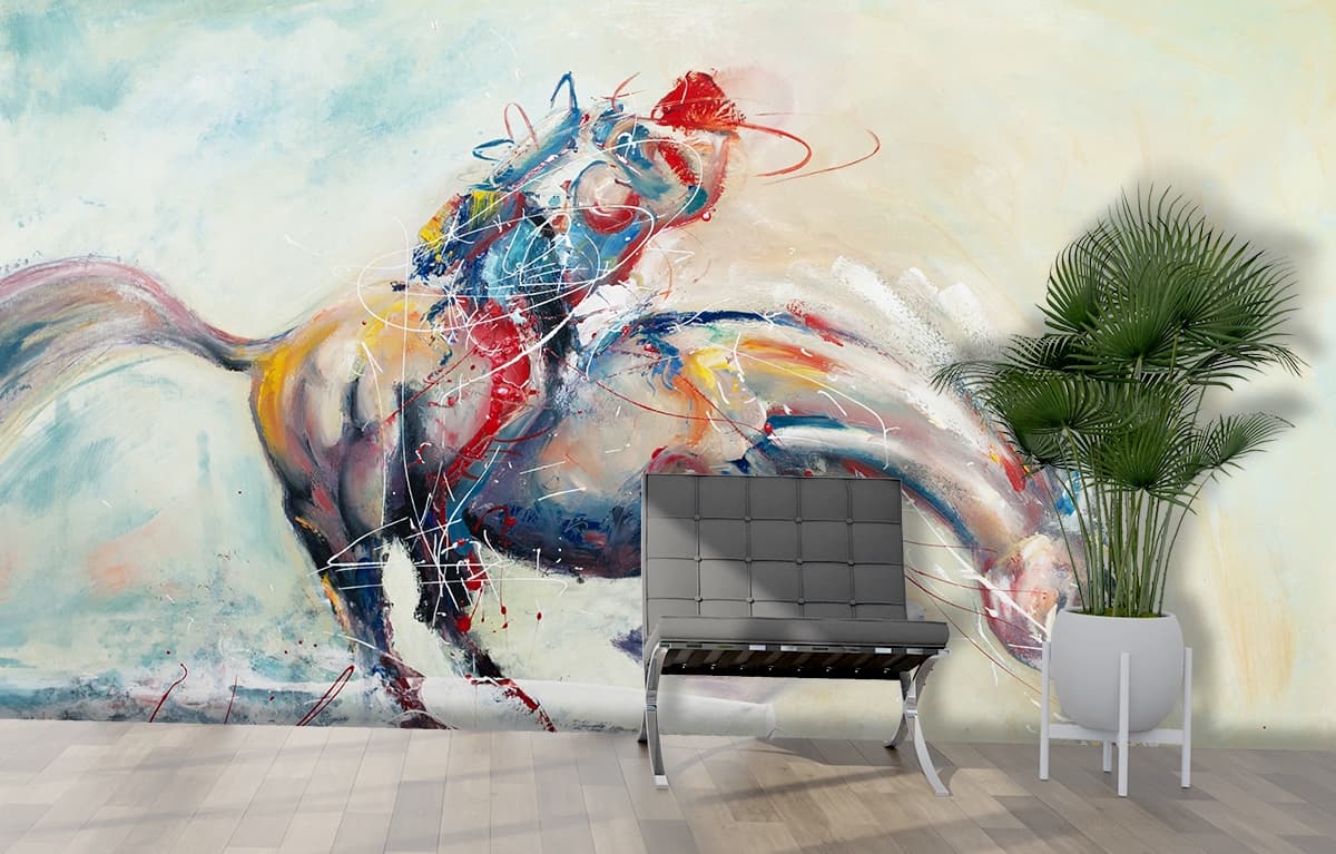 Horse Painting with Red Paint Artistic Design wallpaper shown in a room