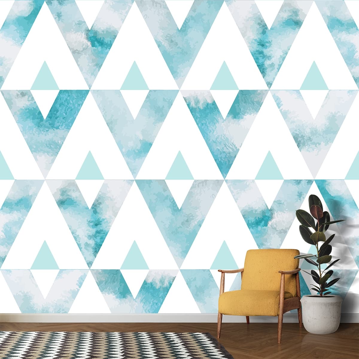Modern Triangles and Watercolor Pattern Wallpaper shown in a room