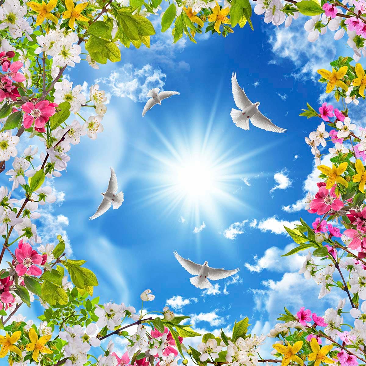 Ceiling Wallpaper With Beautiful White Pigeons Flying in the Sunny Sky pattern detail