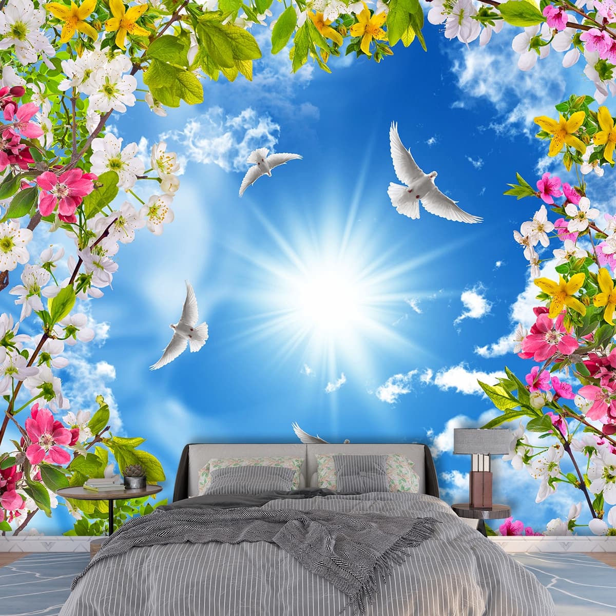 Ceiling Wallpaper With Beautiful White Pigeons Flying in the Sunny Sky shown in a room