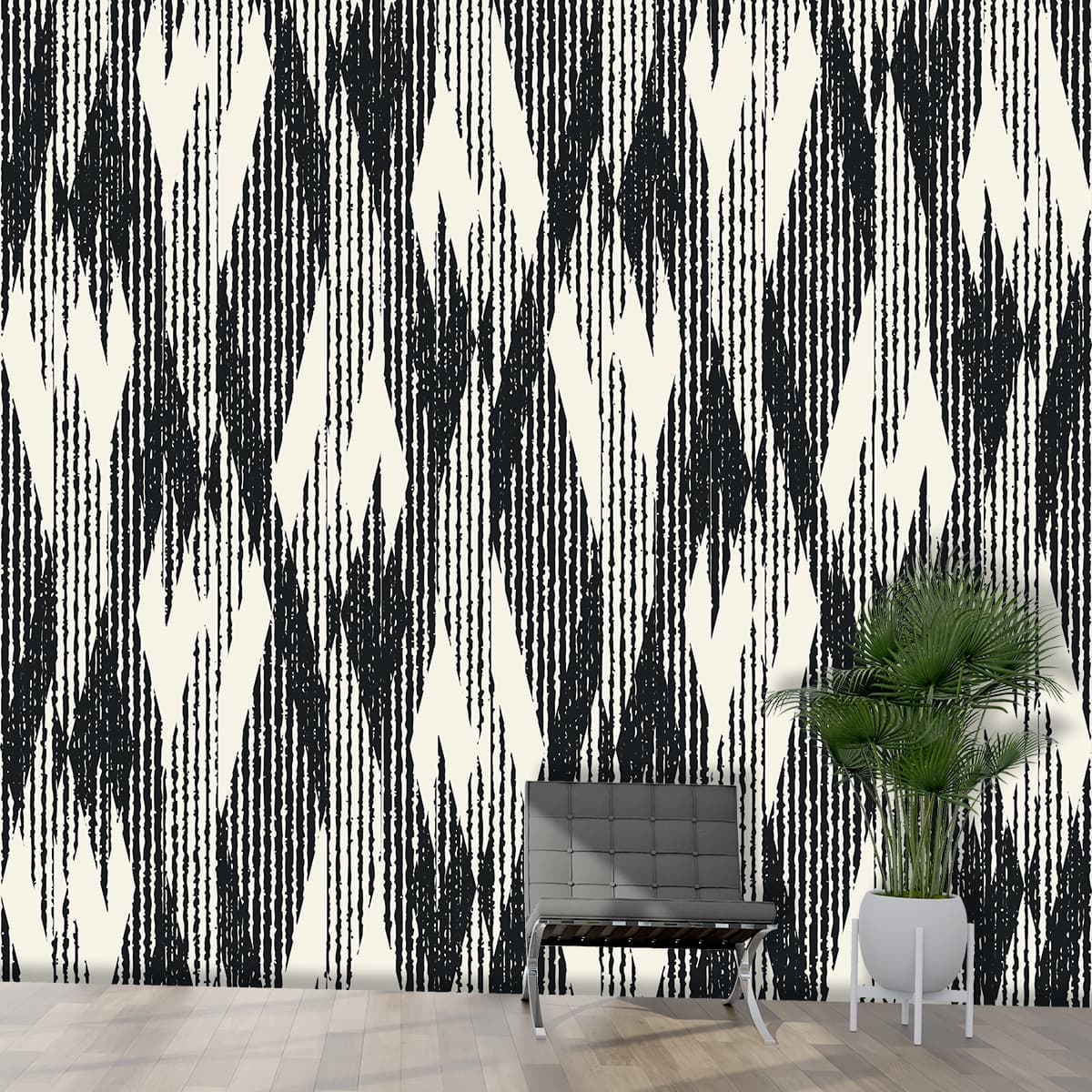 Black and White Abstract Wallpaper shown in a room