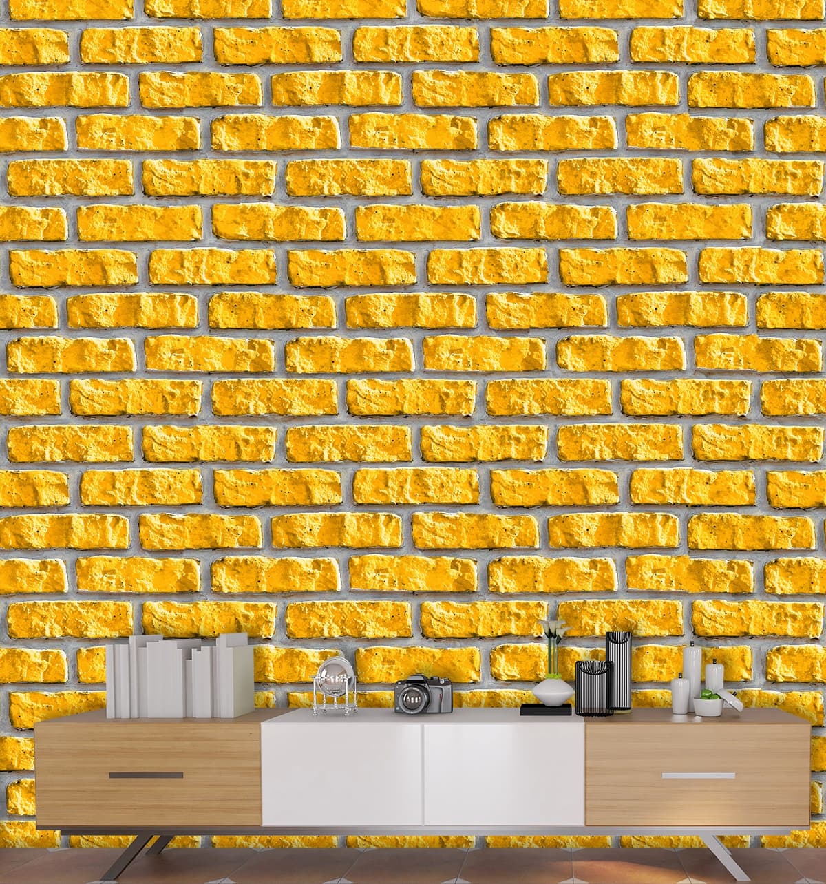 3D Effect Yellow Brick Wallpaper shown in a room