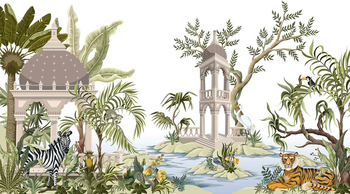 A wallpaper with a water body and a tower and trees pattern detail