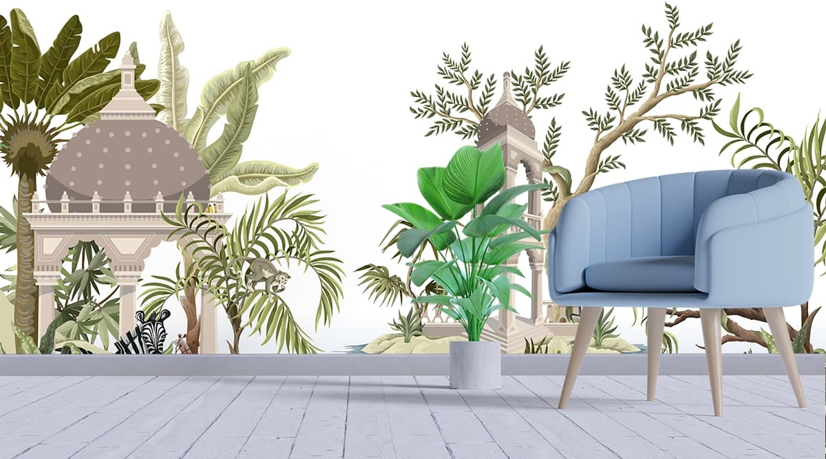 A wallpaper with a water body and a tower and trees shown in a room