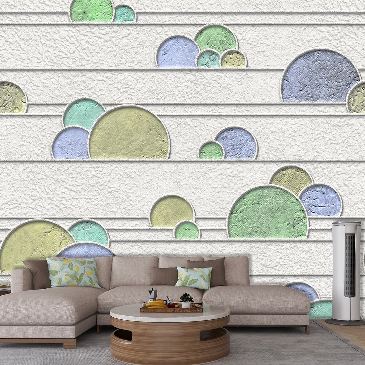 A wallpaper with circles and lines shown in a room