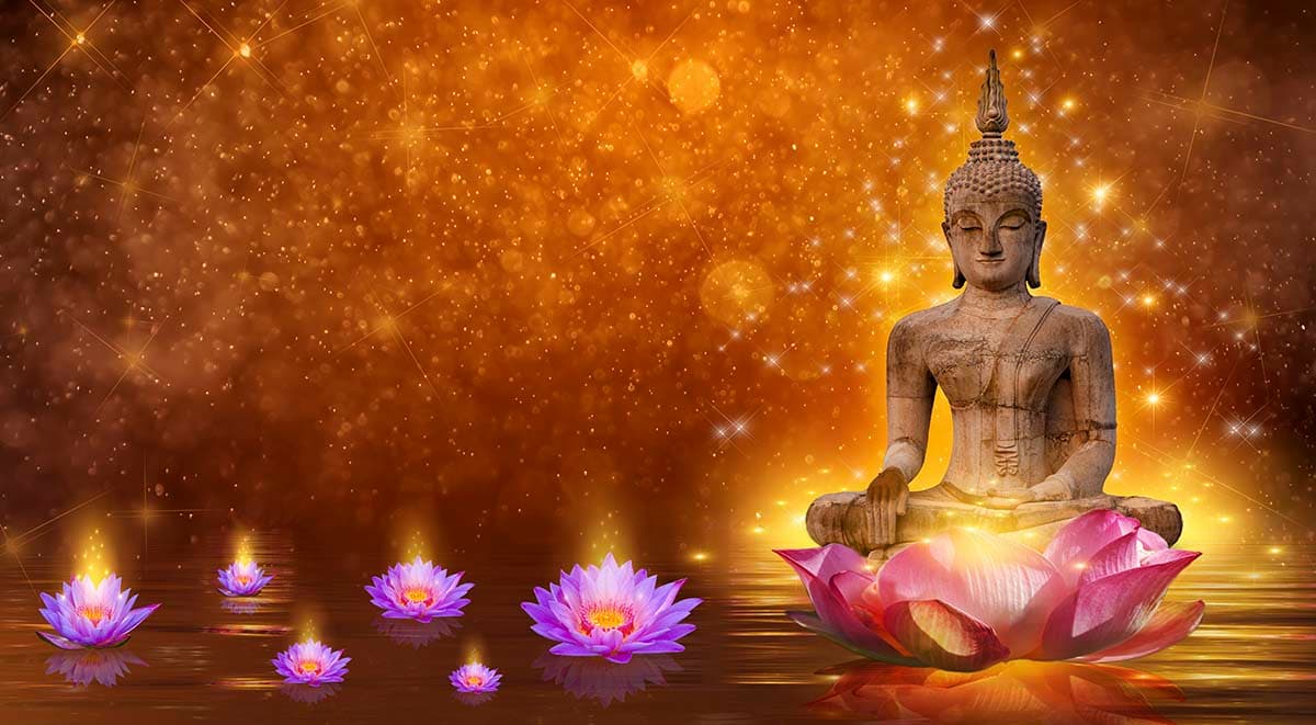 Peaceful Buddha Sitting on Lotus Flower Wallpaper pattern detail