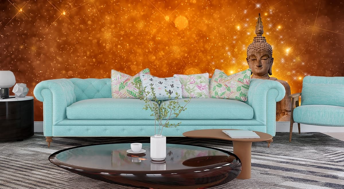 Peaceful Buddha Sitting on Lotus Flower Wallpaper shown in a room