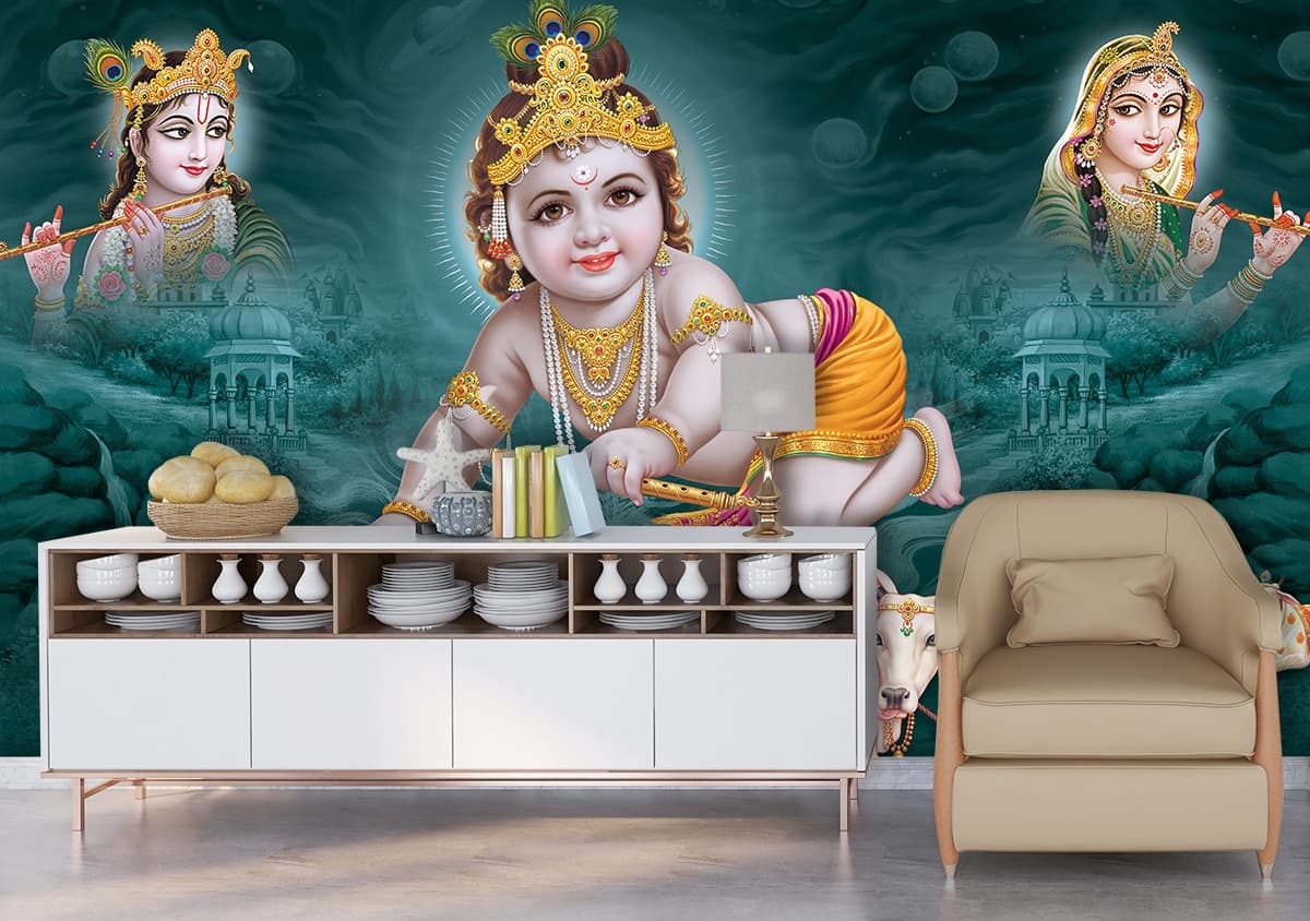 Cute Baby Krishna Wallpaper shown in a room