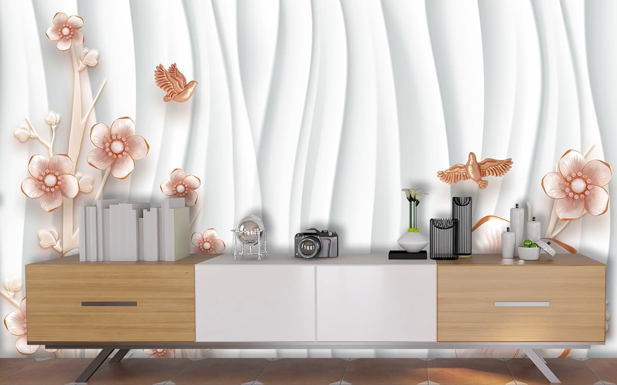 Modern White Floral Nature Design wallpaper shown in a room
