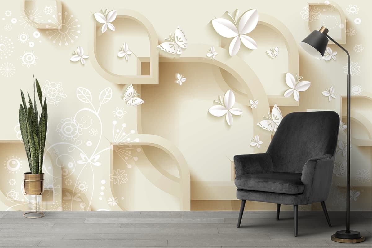 Stylish 3D Arch Wall with Floral Butterfly Design Wallpaper shown in a room