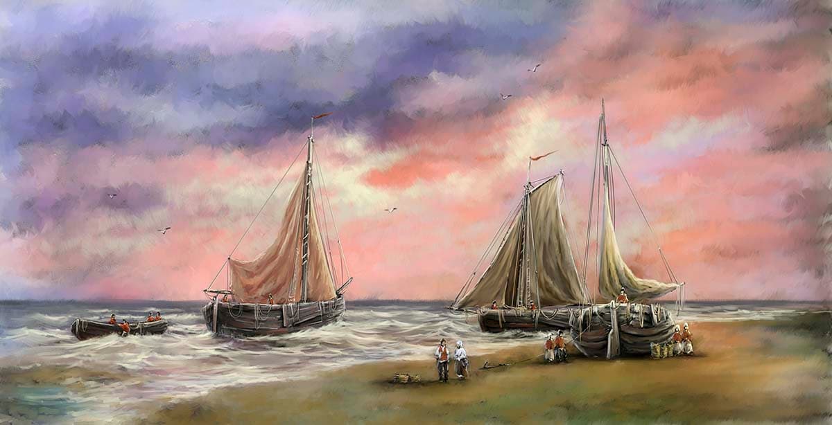 Luxury Sailboat Painting and Pink Sky Art Wallpaper pattern detail