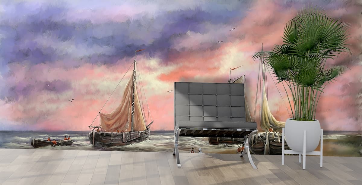 Luxury Sailboat Painting and Pink Sky Art Wallpaper shown in a room