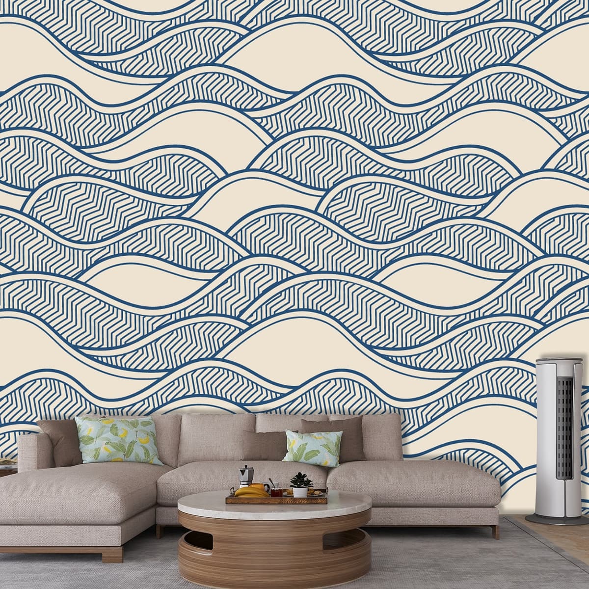 A pattern of waves on a white background shown in a room