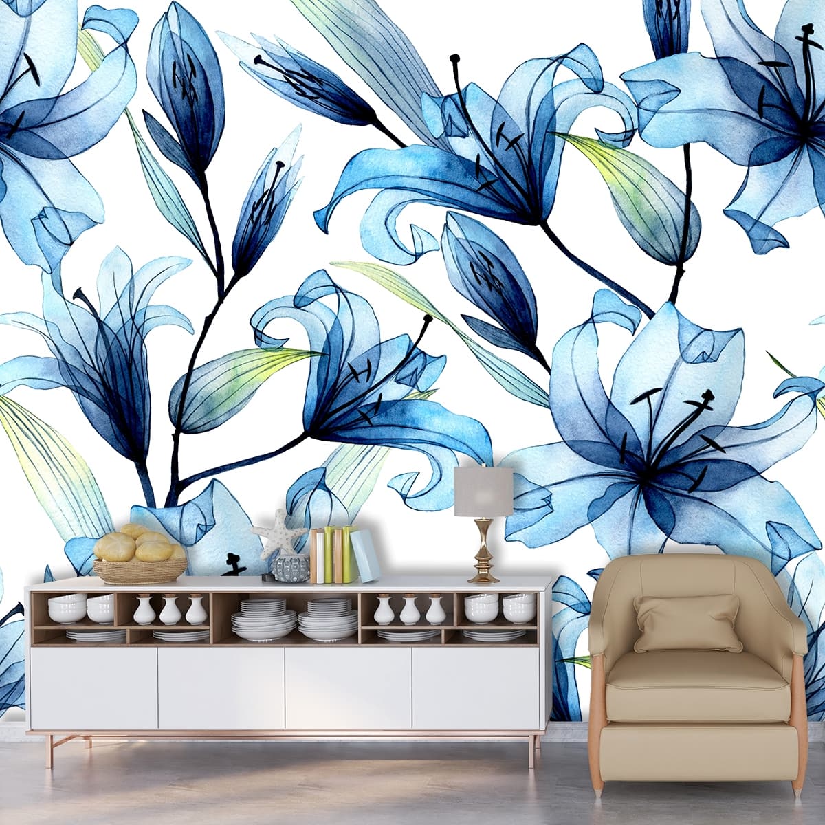 A blue flowers on a white background shown in a room