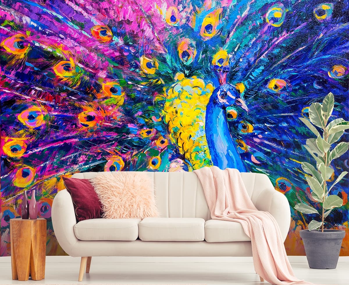 Peacock Painting Wallpaper shown in a room
