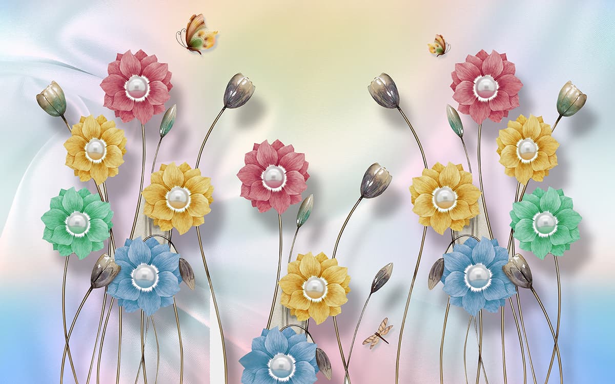Colorful Flowers and Butterflies Nature Inspired Wallpaper pattern detail