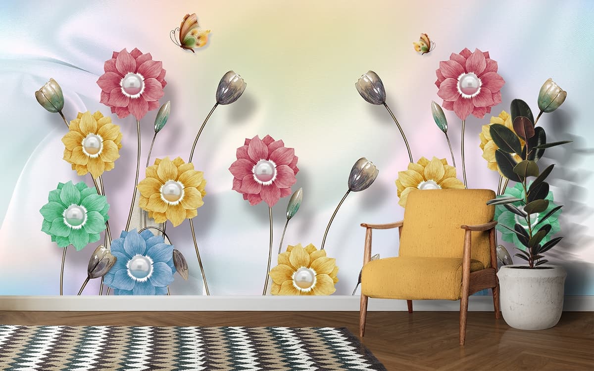 Colorful Flowers and Butterflies Nature Inspired Wallpaper shown in a room