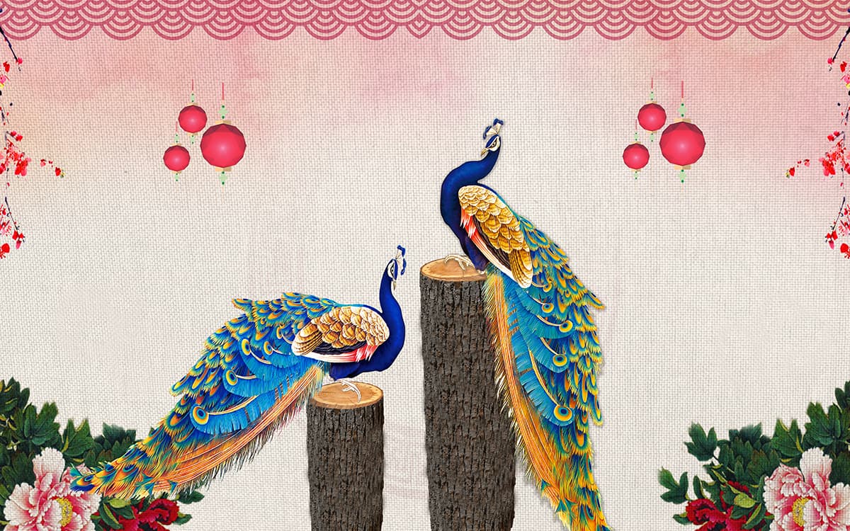 Peacocks Wallpaper Sitting on Stumps pattern detail