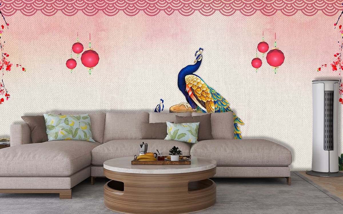 Peacocks Wallpaper Sitting on Stumps shown in a room