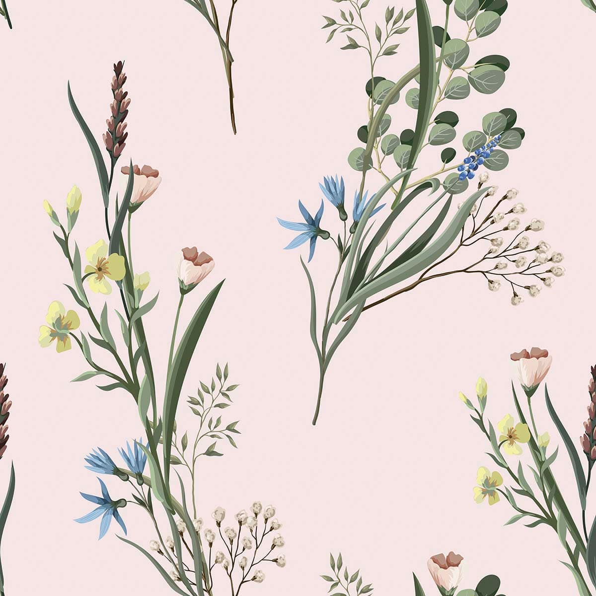 Vibrant Spring Flower and Leaf Pattern Mural Wallpaper pattern detail