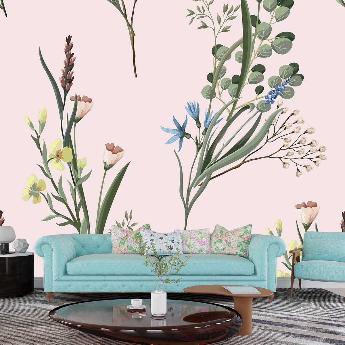 Vibrant Spring Flower and Leaf Pattern Mural Wallpaper shown in a room