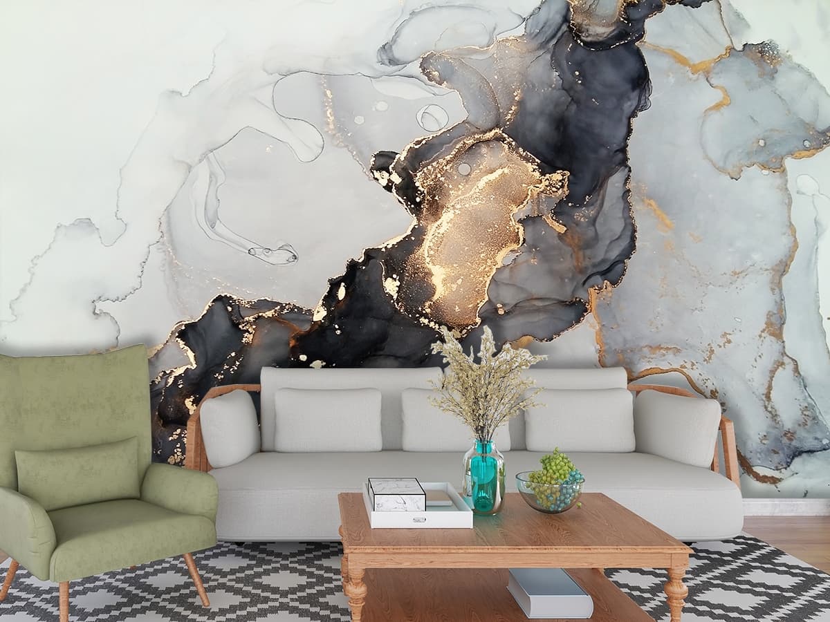 Sangmarmar, Black and White Marble with Golden Veins Wallpaper for Wall shown in a room