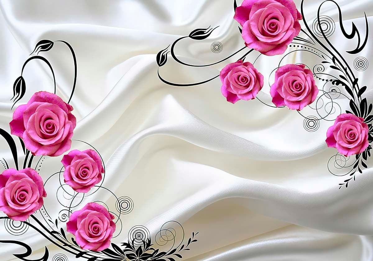 White Satin with Pink Roses Wall Wallpaper pattern detail