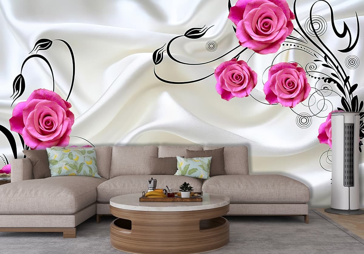 White Satin with Pink Roses Wall Wallpaper shown in a room
