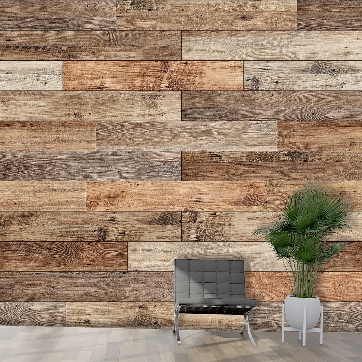 Shabby Chic Grunge Wood Wallpaper shown in a room