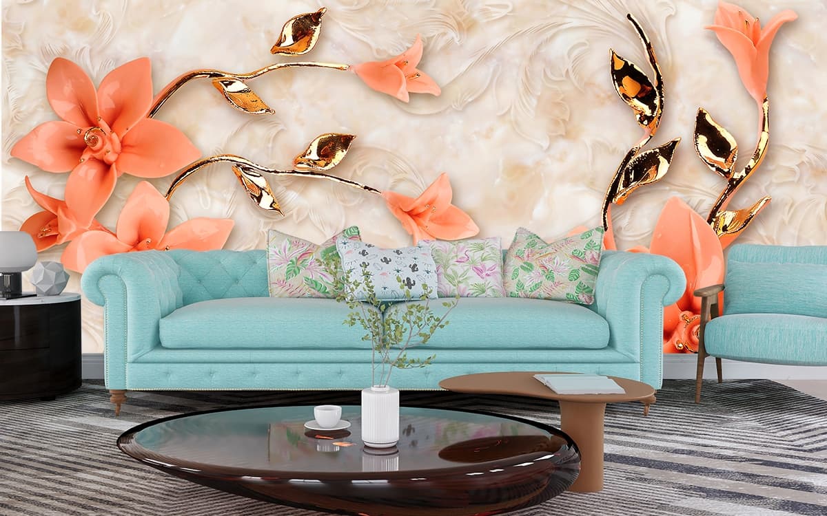 The Grandeur Gold Infused Peach Wallpaper shown in a room