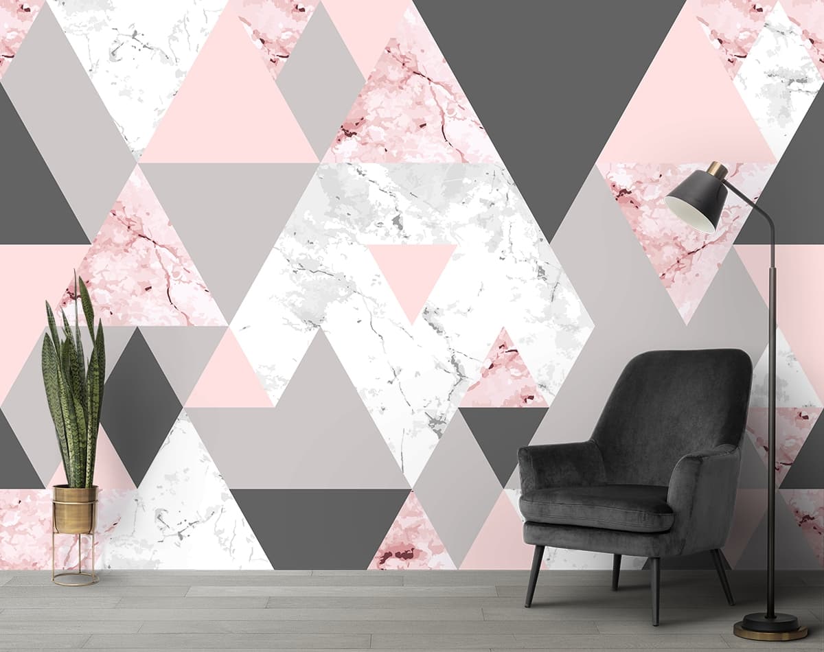 Elegant Pink Grey Geometric Marble Wall Wallpaper shown in a room