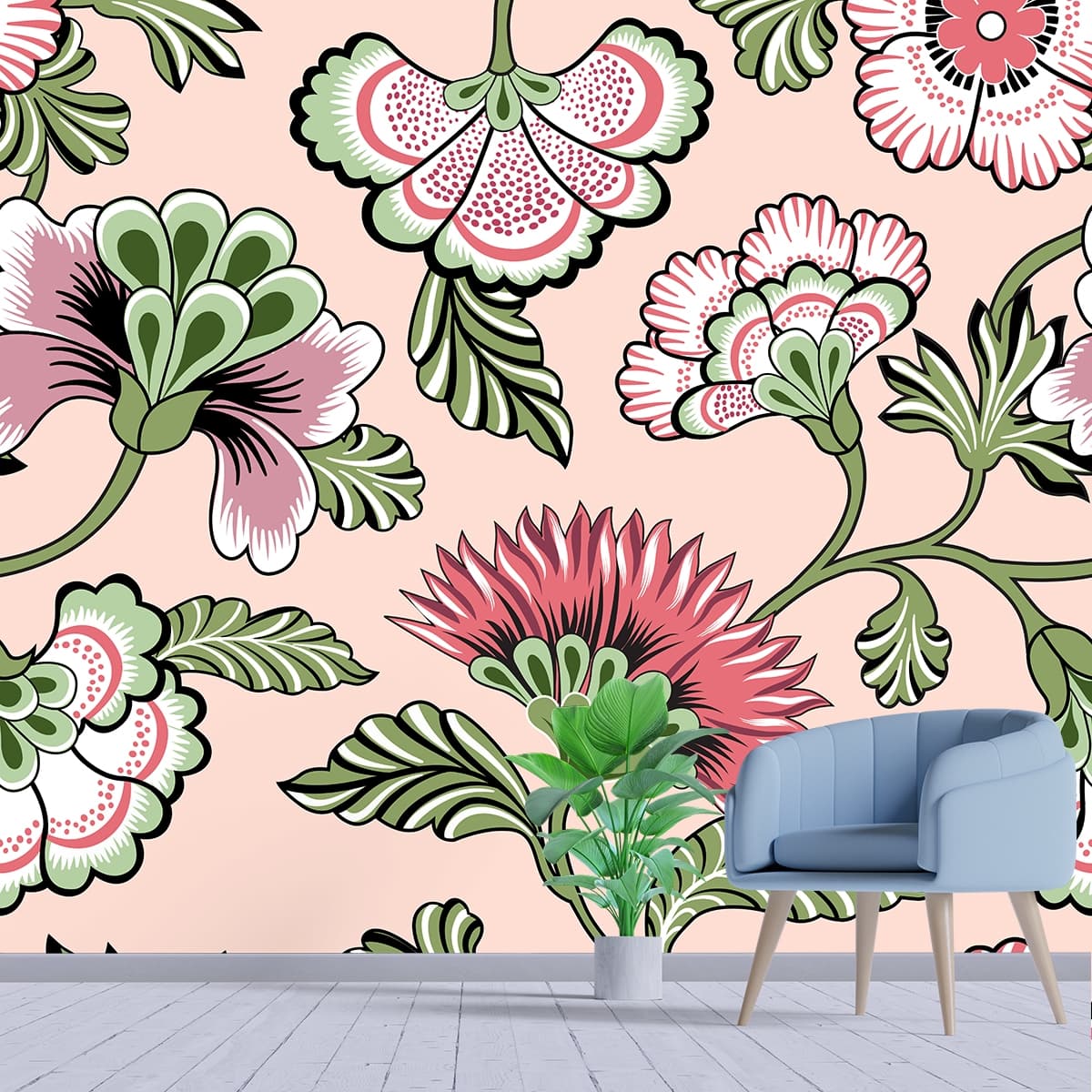 Botanical Flowers Pattern Wallpaper shown in a room