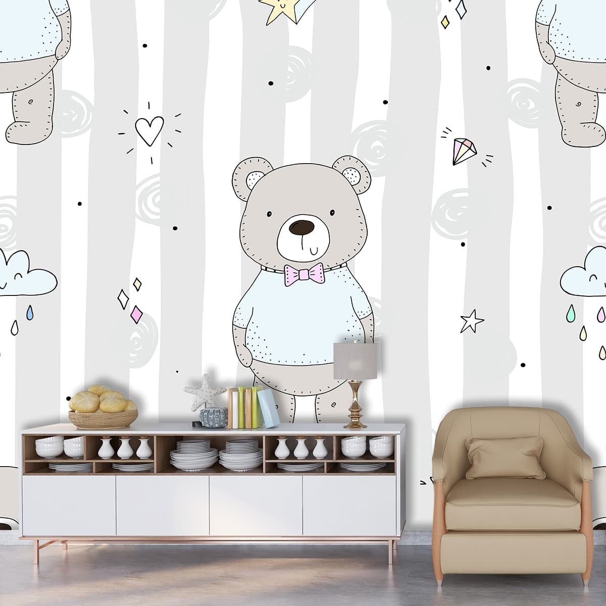 Soft Teddy Bear Nursery Wallpaper shown in a room