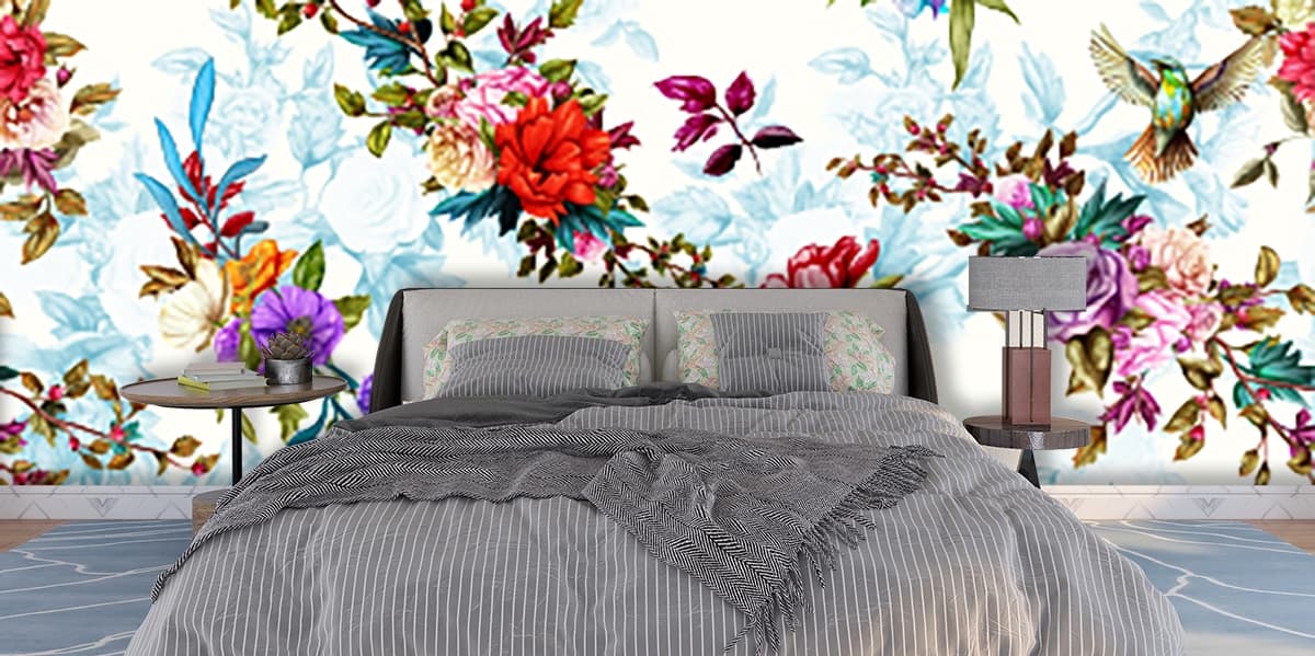 Beautiful Floral Motifs With Birds Design Wallpaper Mural shown in a room