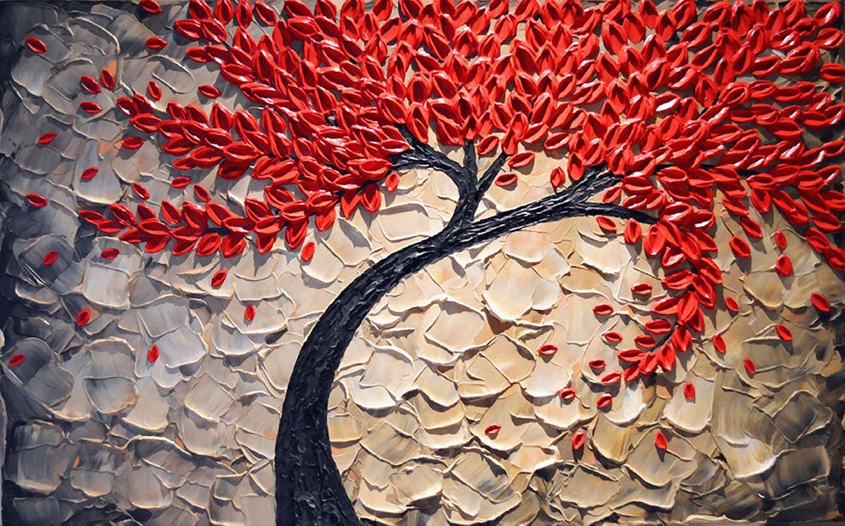 Tree with Red Leaves Painting Autumn Scene wallpaper pattern detail