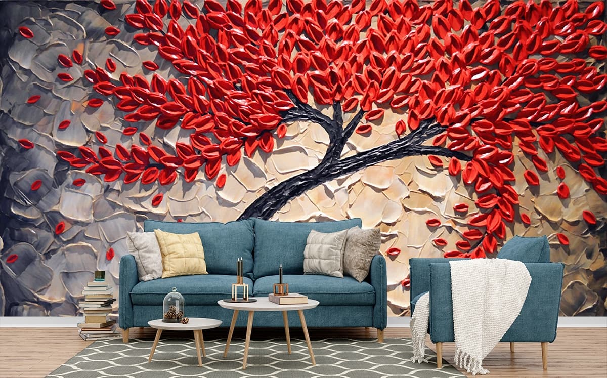 Tree with Red Leaves Painting Autumn Scene wallpaper shown in a room