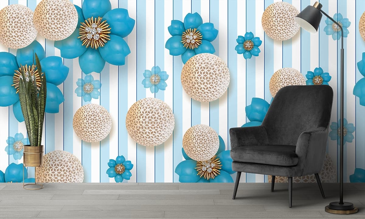 A wallpaper with flowers and balls shown in a room