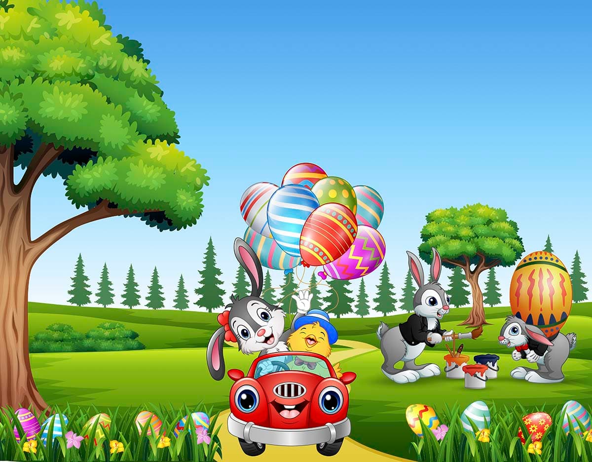 Cartoon Bunnies and Chicks with Balloons Wallpaper pattern detail