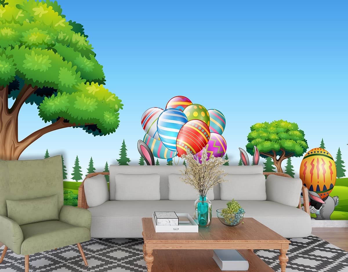 Cartoon Bunnies and Chicks with Balloons Wallpaper shown in a room