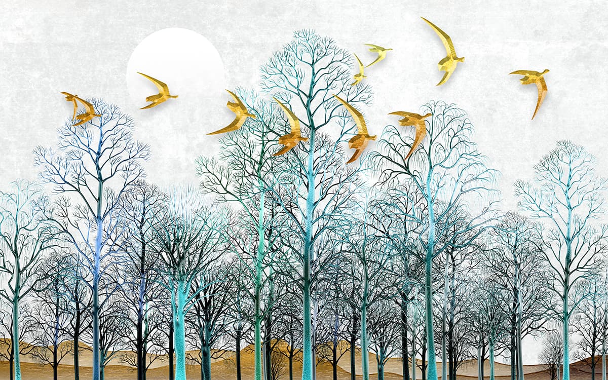 Elegant Golden Birds and Trees Wallpaper Mural pattern detail