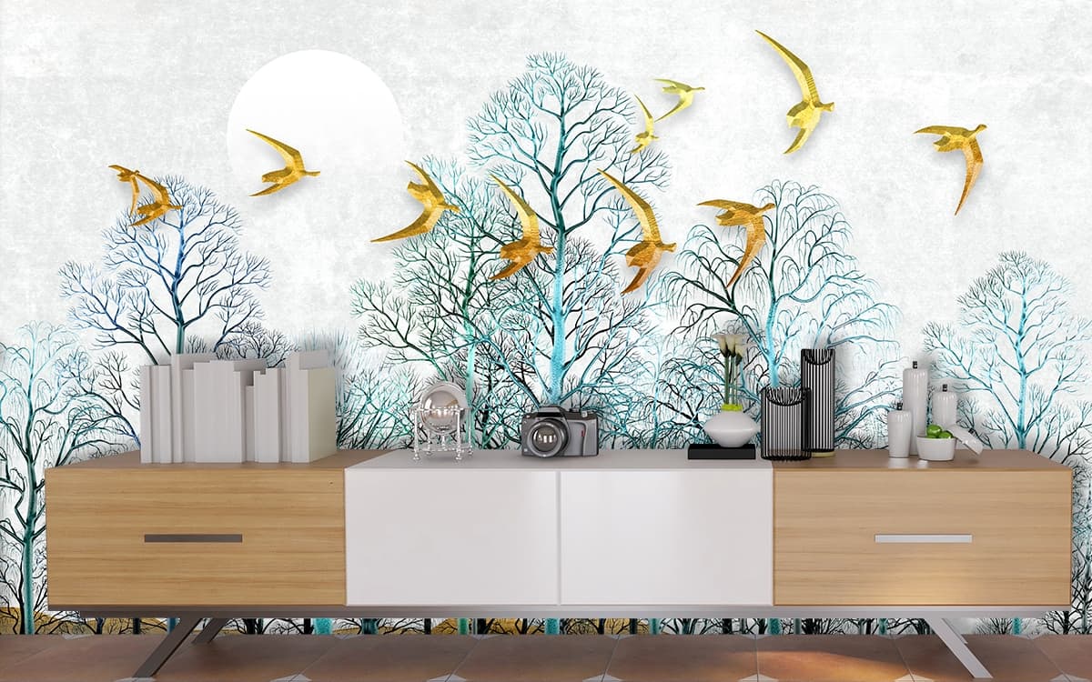 Elegant Golden Birds and Trees Wallpaper Mural shown in a room