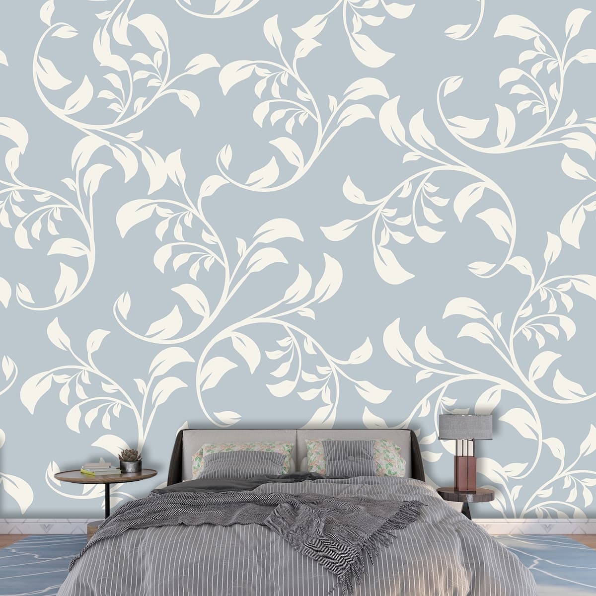 A pattern of white and blue leaves shown in a room