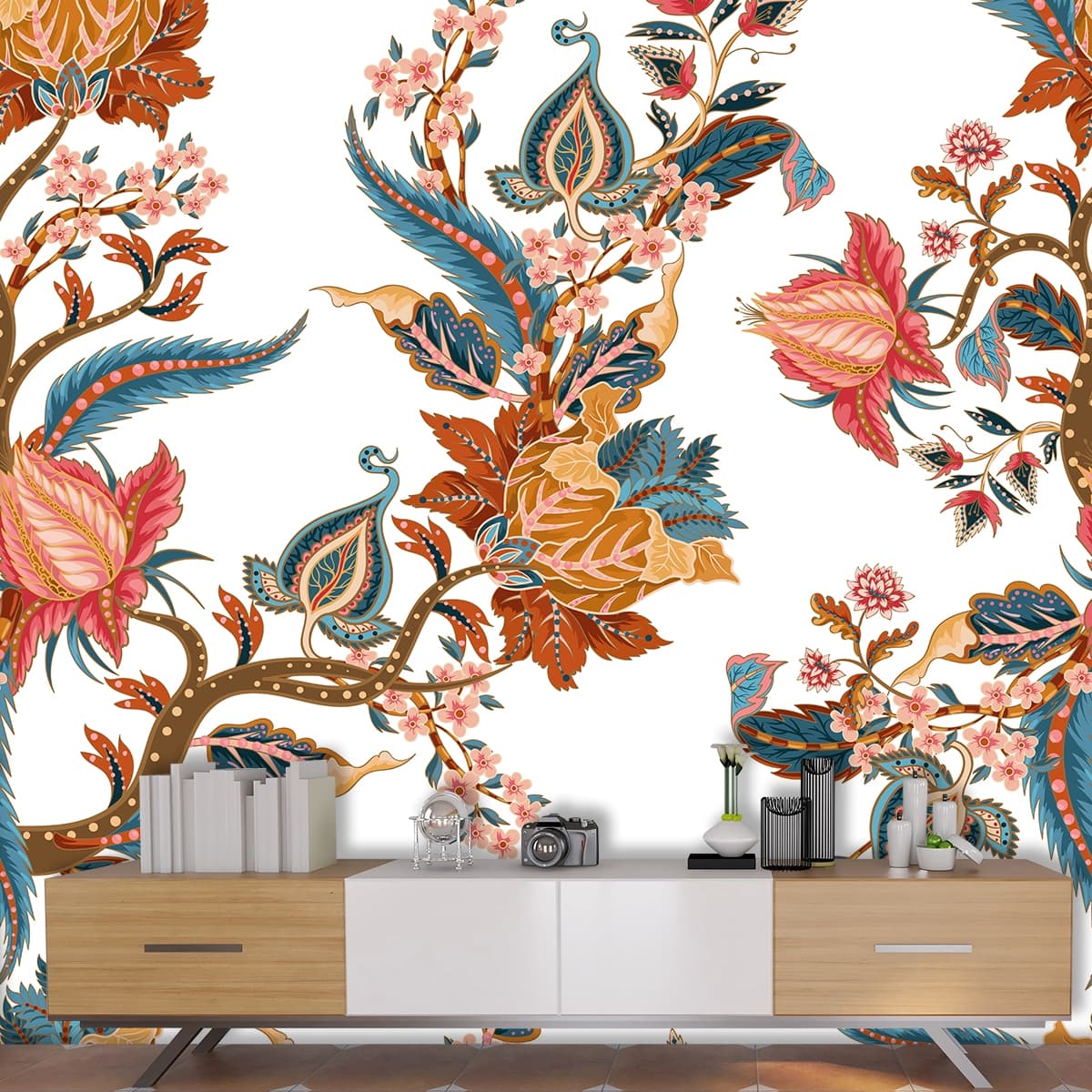 Floral and Leaf Pattern Botanical Wall Mural Wallpaper shown in a room