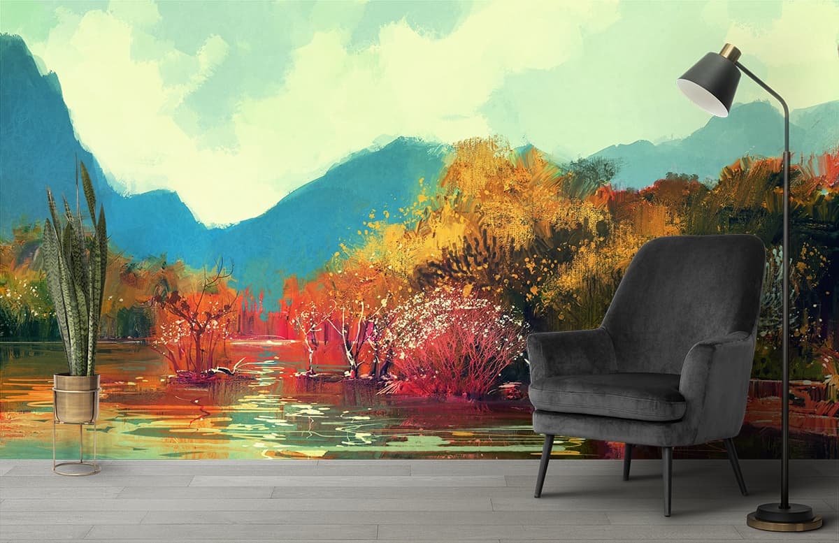 Nature Retreat with Lake and Mountain View Wallpaper shown in a room