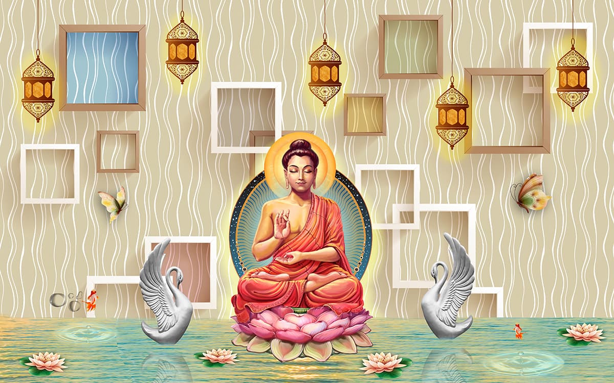 Luxury Lotus Meditation Scene with Swans Wallpaper pattern detail